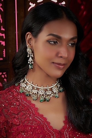 Gold Plated Kundan Polki & Green Hand Painted Bead Choker Necklace Set by Just Shraddha