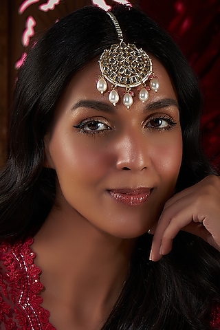 Gold Plated Kundan Polki & Pearl Chand Maangtikka by Just Shraddha