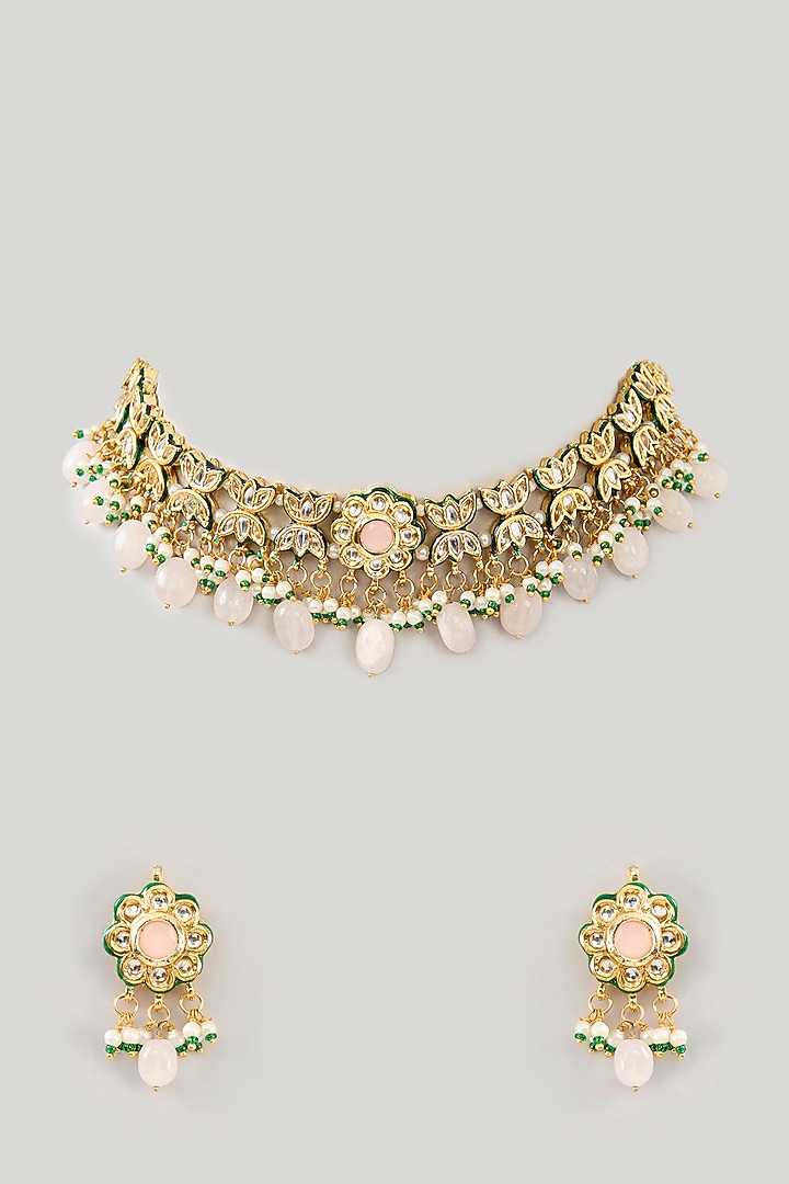 Gold Plated Bead & Pearl Floral Choker Necklace Set by Just Shraddha at Pernia's Pop Up Shop
