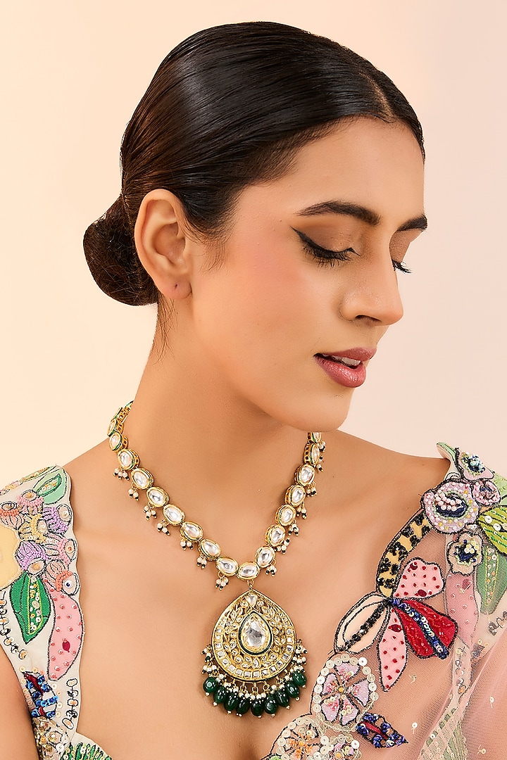 Gold Plated Kundan Polki & Beaded Long Pendant Necklace by Just Shraddha