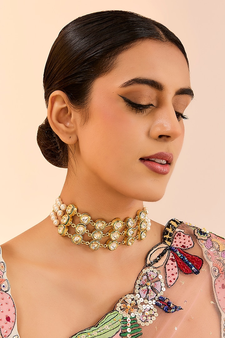 Gold Finish Kundan Polki Choker Necklace by Just Shraddha at Pernia's Pop Up Shop