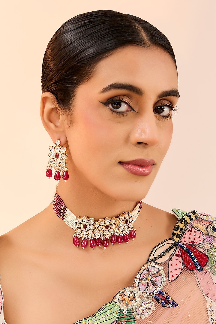 Gold Plated Kundan Polki & Ruby Beaded Choker Necklace Set by Just Shraddha