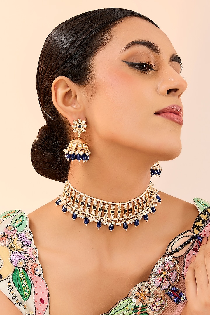 Gold Plated Kundan Polki & Blue Onyx Beaded Mesh Choker Necklace Set by Just Shraddha