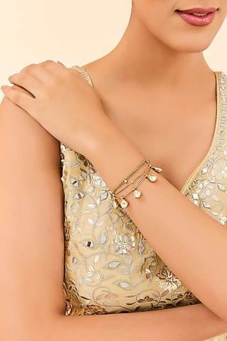 Gold Plated Kundan Polki & White Stone Chain Bracelet by Just Shraddha