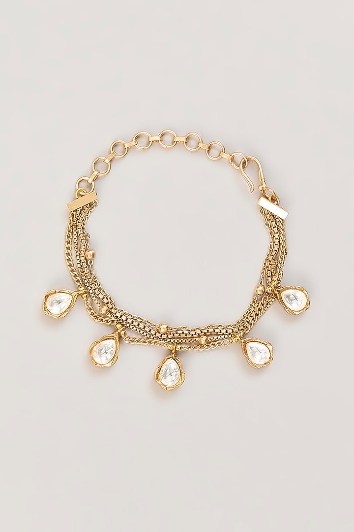 Gold Plated Kundan Polki & White Stone Chain Bracelet by Just Shraddha at Pernia's Pop Up Shop