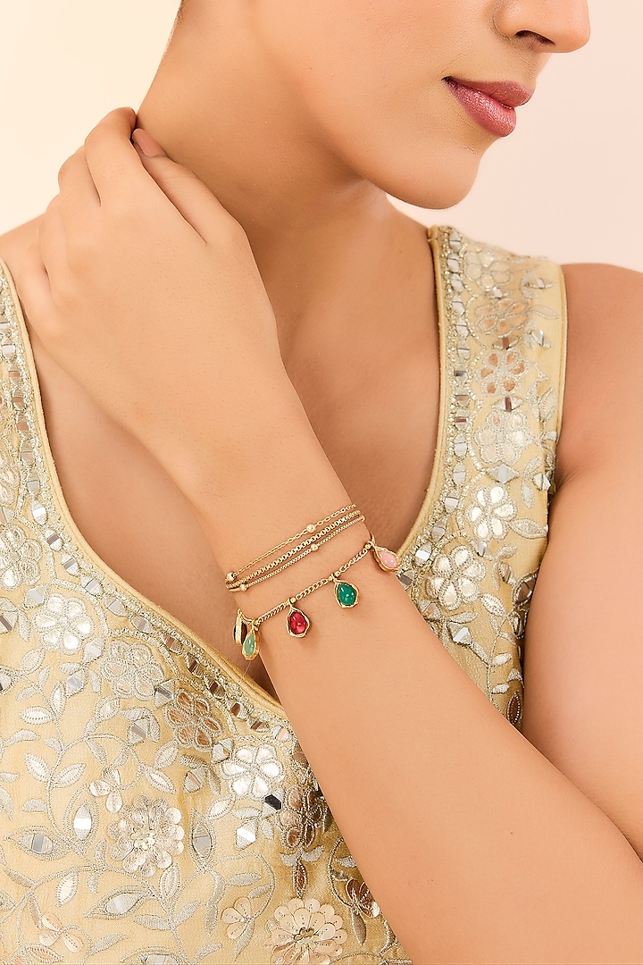 Gold Plated Kundan Polki & Multi-Colored Stone Chain Bracelet by Just Shraddha at Pernia's Pop Up Shop