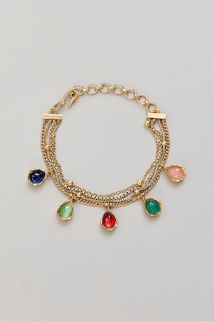 Gold Plated Kundan Polki & Multi-Colored Stone Chain Bracelet by Just Shraddha at Pernia's Pop Up Shop