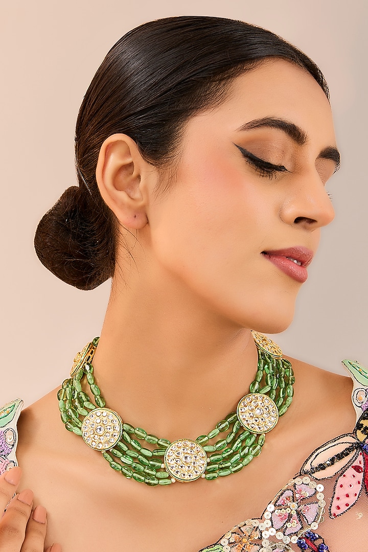 Gold Plated Kundan Polki & Pista Green Beaded Choker Necklace by Just Shraddha at Pernia's Pop Up Shop