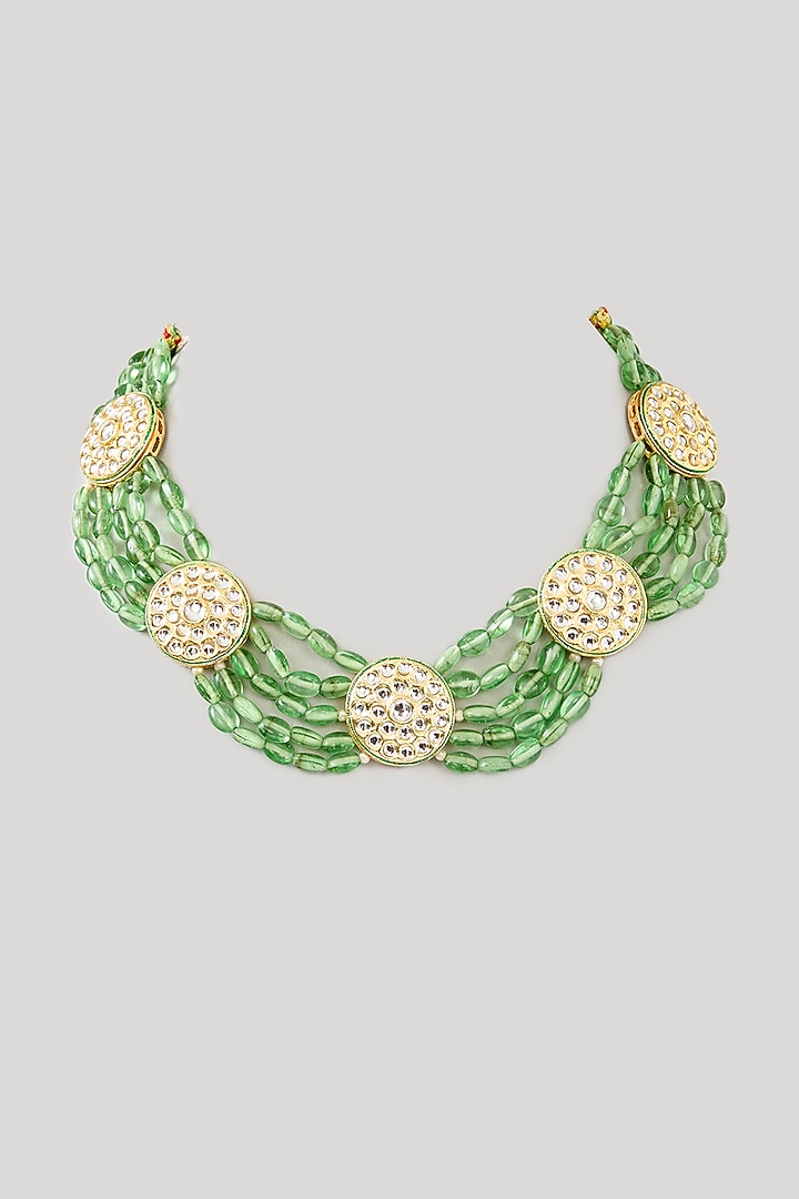 Gold Plated Kundan Polki & Pista Green Beaded Choker Necklace by Just Shraddha at Pernia's Pop Up Shop