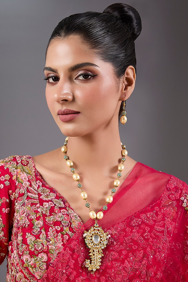 Gold Plated Kundan Polki & Pearl Kilangi Pendant Necklace Set by Just Shraddha at Pernia's Pop Up Shop