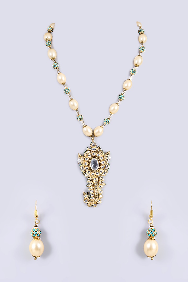 Gold Plated Kundan Polki & Pearl Kilangi Pendant Necklace Set by Just Shraddha at Pernia's Pop Up Shop