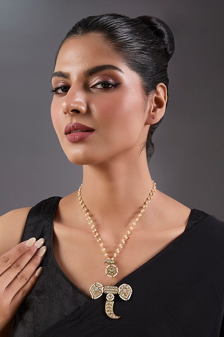 Gold Plated Kundan Polki & White Pendant Necklace by Just Shraddha at Pernia's Pop Up Shop