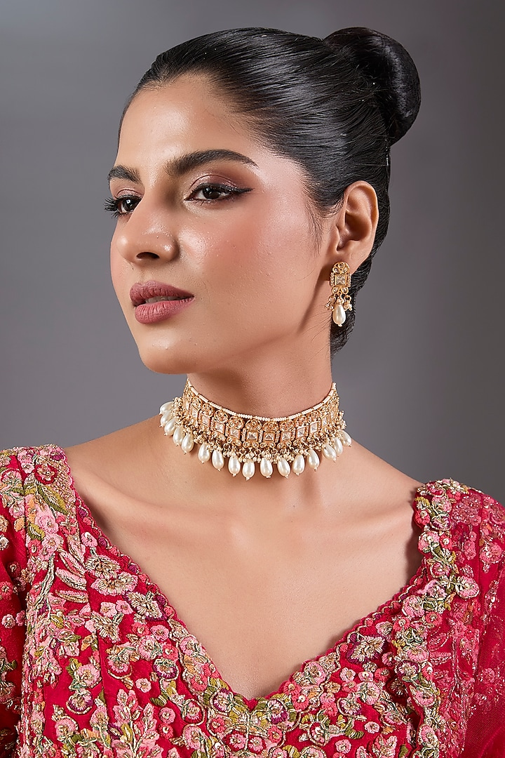 Gold Plated Kundan Polki & Pearl Choker Necklace Set by Just Shraddha at Pernia's Pop Up Shop