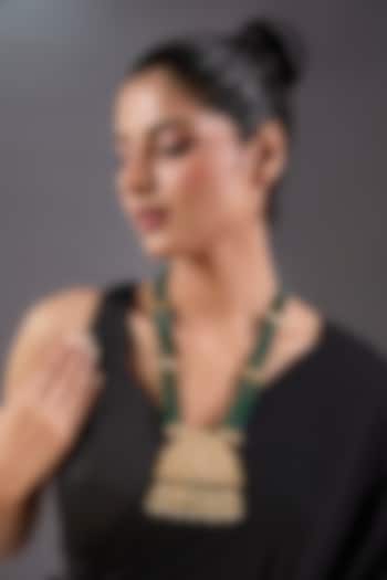 Gold Plated Kundan Polki & Green Beaded Long Pendant Necklace by Just Shraddha at Pernia's Pop Up Shop