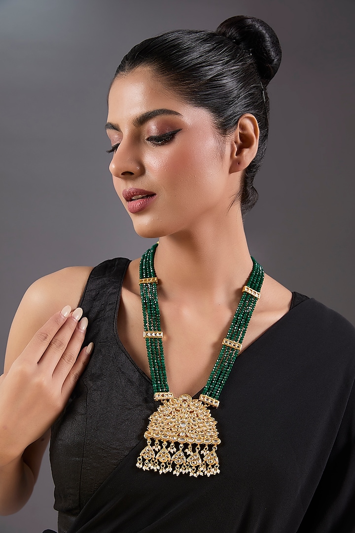 Gold Plated Kundan Polki & Green Beaded Long Pendant Necklace by Just Shraddha at Pernia's Pop Up Shop