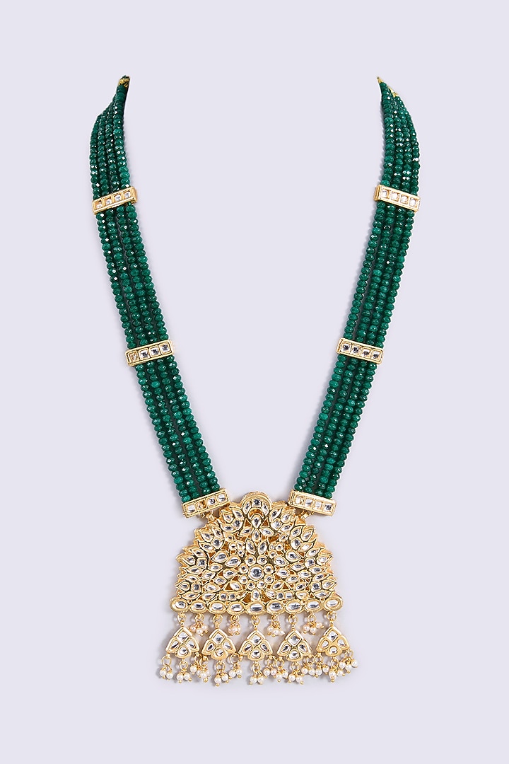 Gold Plated Kundan Polki & Green Beaded Long Pendant Necklace by Just Shraddha at Pernia's Pop Up Shop