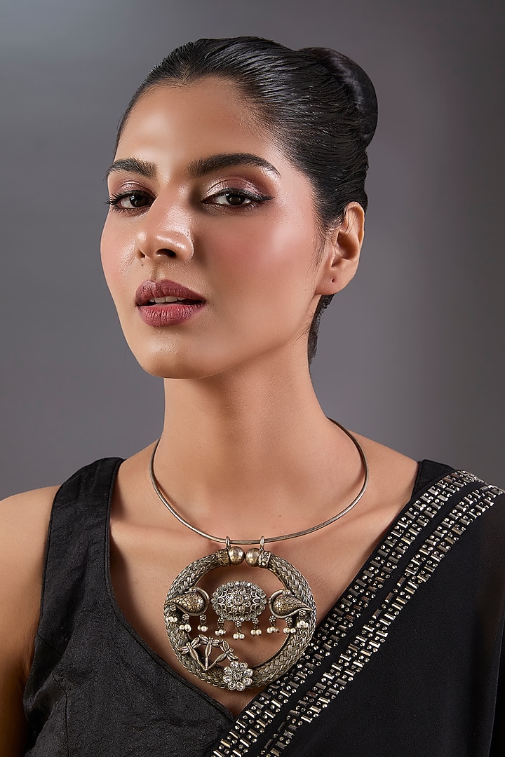 Black Rhodium Finish Oxidised Pendant Hasli Necklace by Just Shraddha at Pernia's Pop Up Shop