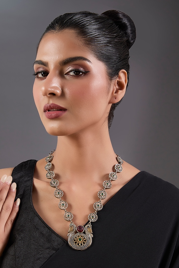 Black Rhodium Finish Multi-Colored Stone Oxidised Pendant Necklace by Just Shraddha at Pernia's Pop Up Shop