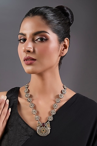 Black Rhodium Finish Multi-Colored Stone Oxidised Pendant Necklace by Just Shraddha