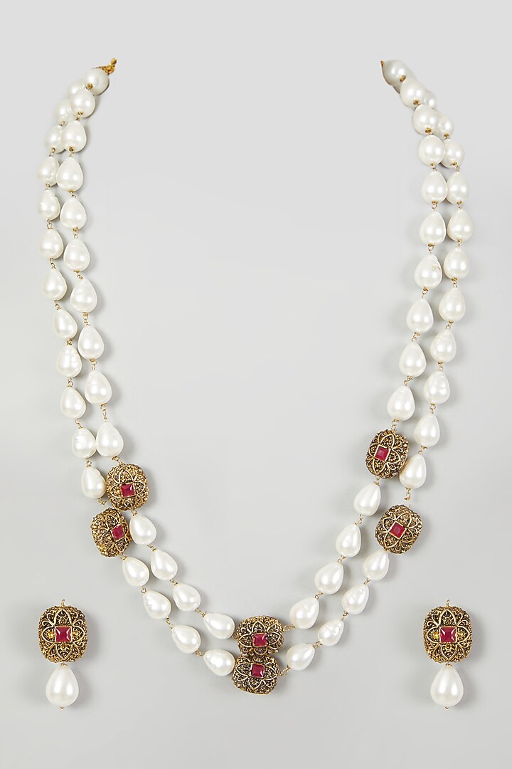 Two Tone Finish Kundan Polki & Pearls Necklace Set by Just Shraddha at Pernia's Pop Up Shop