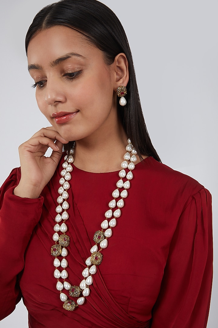 Two Tone Finish Kundan Polki & Pearls Necklace Set by Just Shraddha at Pernia's Pop Up Shop