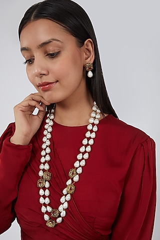 Two Tone Finish Kundan Polki & Pearls Necklace Set by Just Shraddha