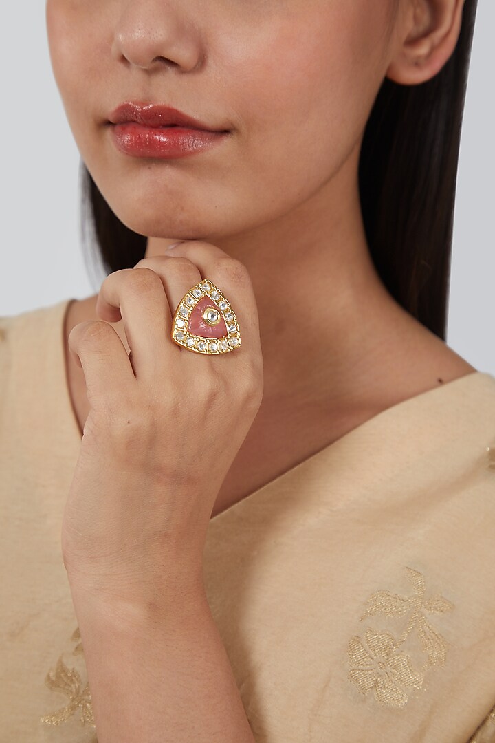 Gold Plated Kundan Polki Triangular Ring by Just Shraddha at Pernia's Pop Up Shop