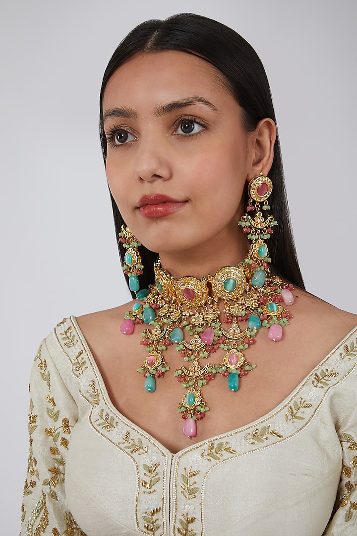 Gold Plated Necklace Set With Kundan Polki by Just Shraddha