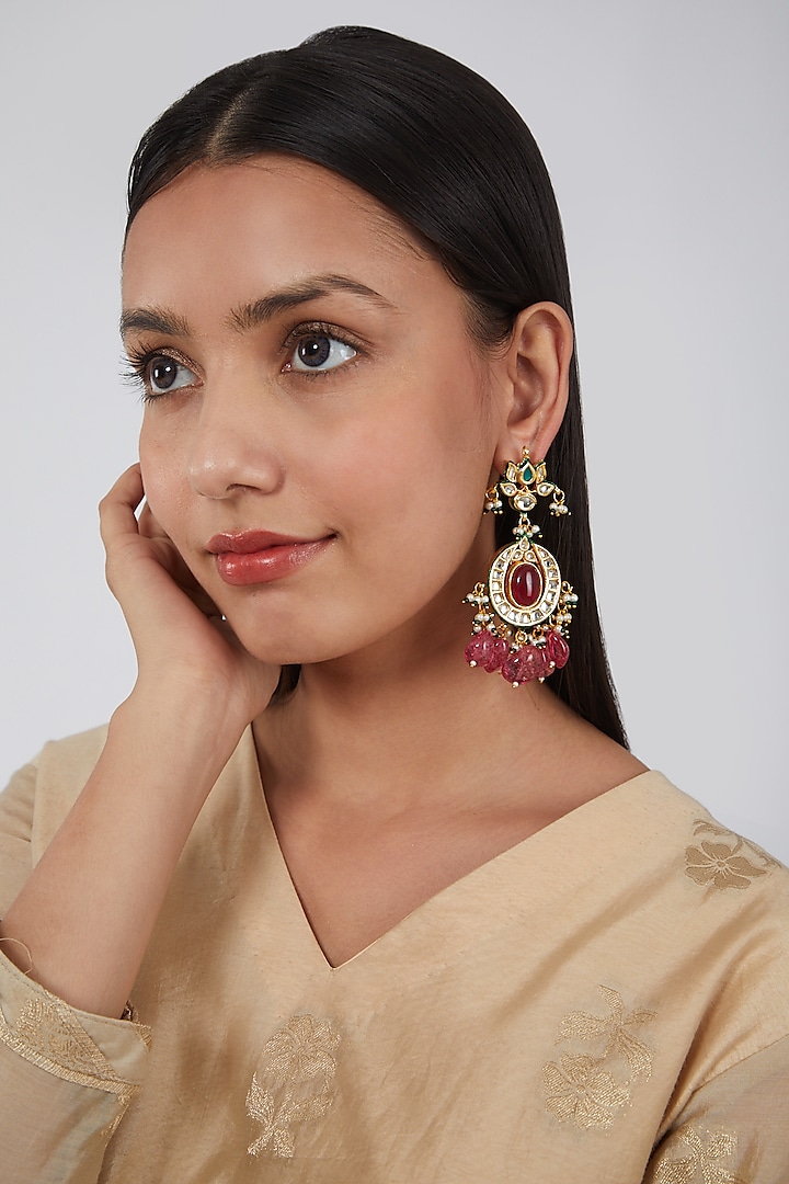 Gold Plated Chandbali Earrings With Kundan Polki by Just Shraddha