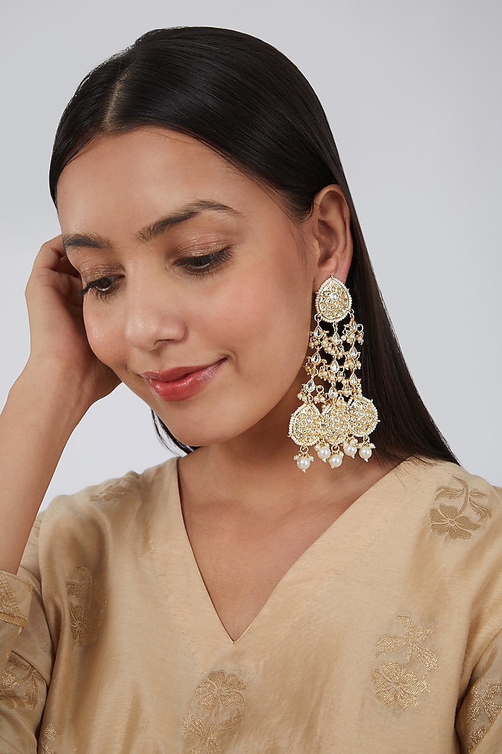 Gold Plated Dangler Earrings With Kundan Polki by Just Shraddha