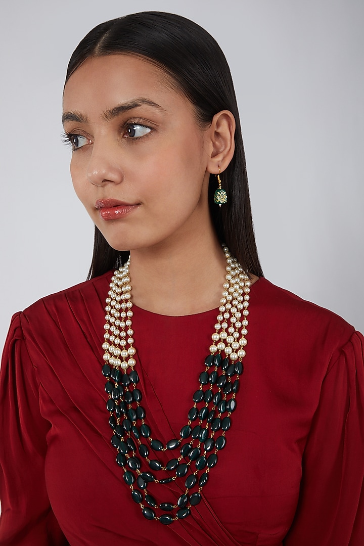 Green Long Beaded Necklace Set by Just Shraddha at Pernia's Pop Up Shop
