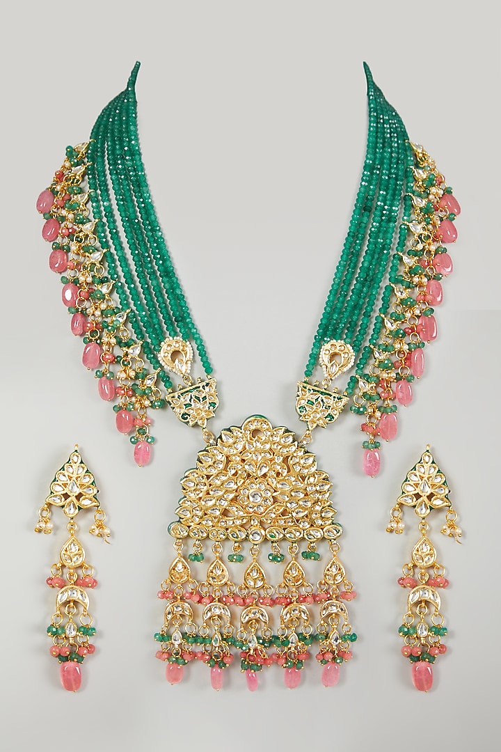 Gold Plated Beads & Emerald Necklace Set by Just Shraddha at Pernia's Pop Up Shop