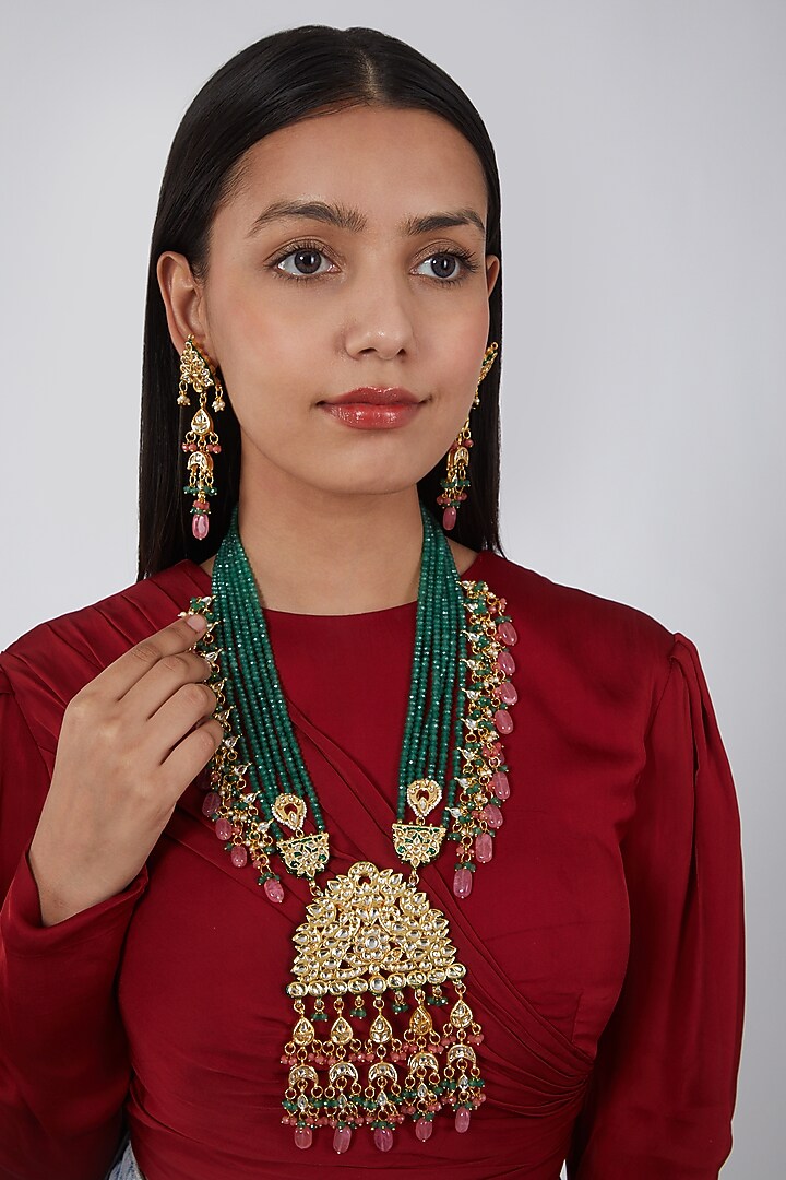 Gold Plated Beads & Emerald Necklace Set by Just Shraddha at Pernia's Pop Up Shop