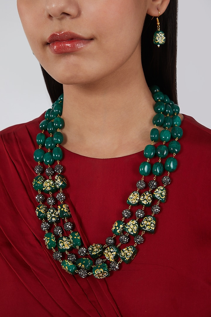 Gold Plated Beads Hand Painted Necklace Set by Just Shraddha