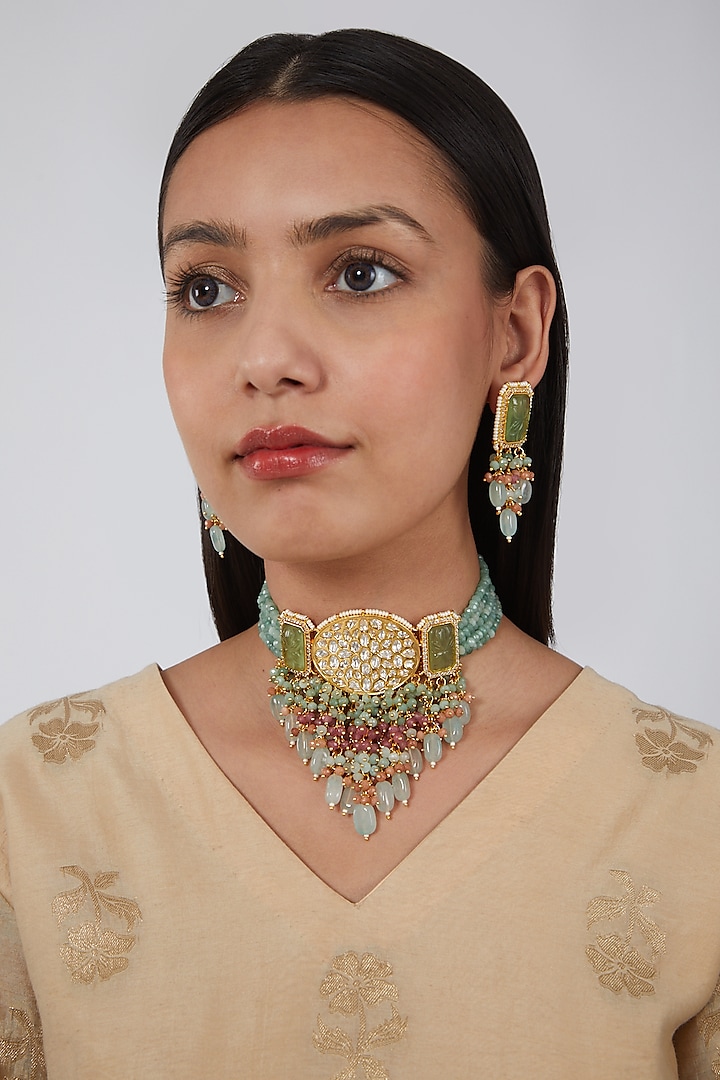 Gold Plated Beads Choker Necklace Set by Just Shraddha