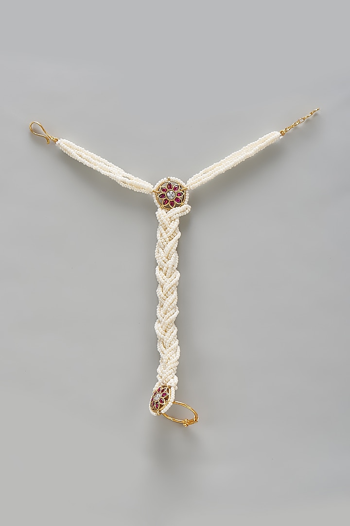 Gold Plated Pearl & Ruby Hathphool by Just Shraddha at Pernia's Pop Up Shop