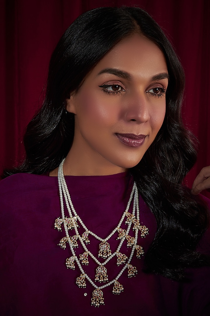 Gold Plated Ruby & Pearl Tiered Necklace by Just Shraddha at Pernia's Pop Up Shop
