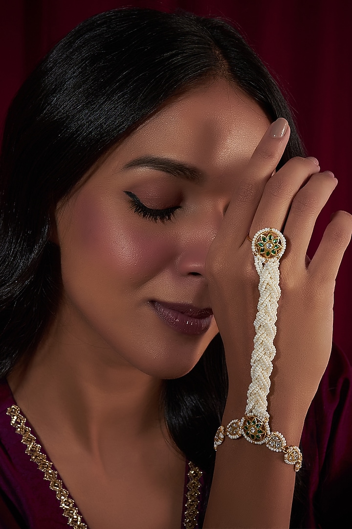 Gold Plated Kundan Polki & Pearl Hathphool by Just Shraddha at Pernia's Pop Up Shop