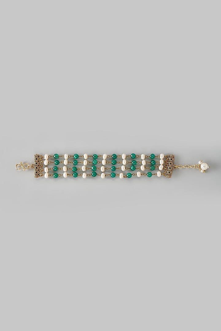 Gold Plated Kundan Polki & Green Beaded Layered Bracelet by Just Shraddha at Pernia's Pop Up Shop
