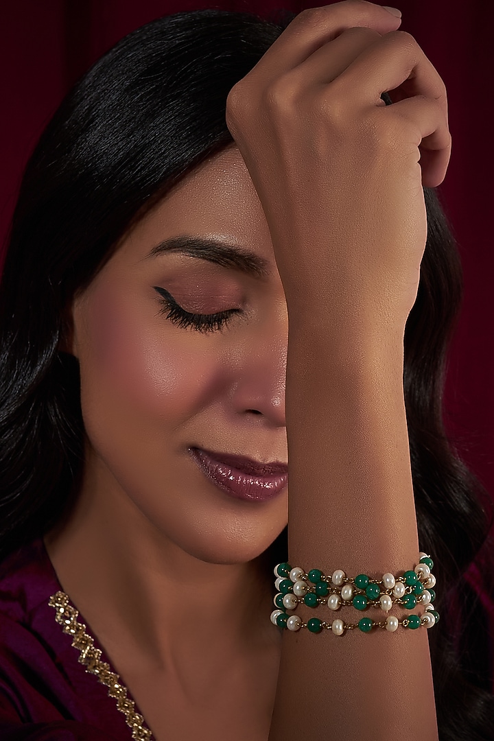 Gold Plated Kundan Polki & Green Beaded Layered Bracelet by Just Shraddha at Pernia's Pop Up Shop