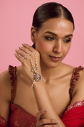 Gold Plated Kundan Polki & Pearl Meenakari Hathphool by Just Shraddha