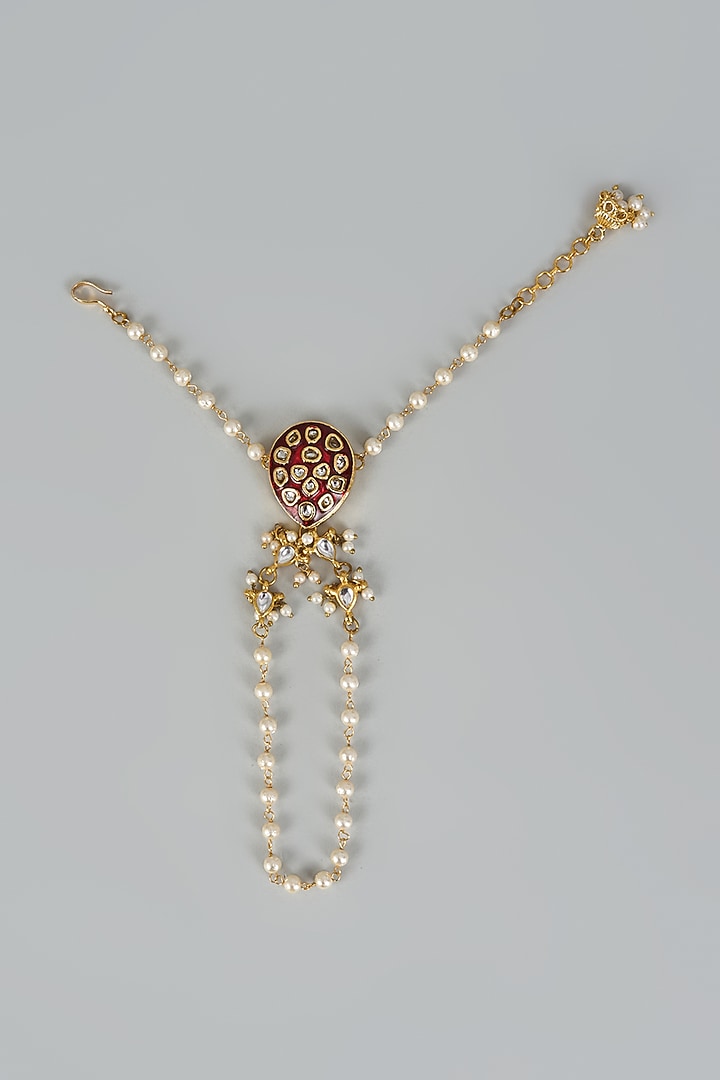 Gold Plated Kundan Polki & Pearl Meenakari Hathphool by Just Shraddha at Pernia's Pop Up Shop
