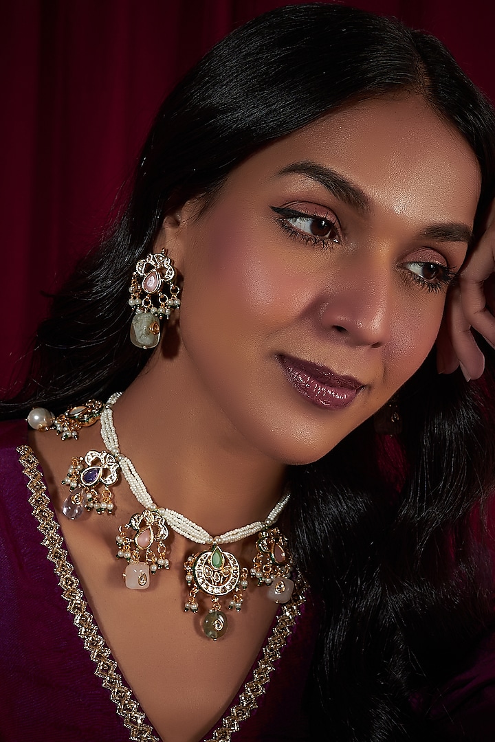 Gold Plated Kundan Polki And Pastel Beaded Choker Necklace Set By Just Shraddha At Pernias Pop Up 7317