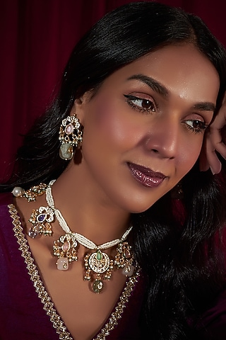 Gold Plated Kundan Polki & Pastel Beaded Choker Necklace Set by Just Shraddha