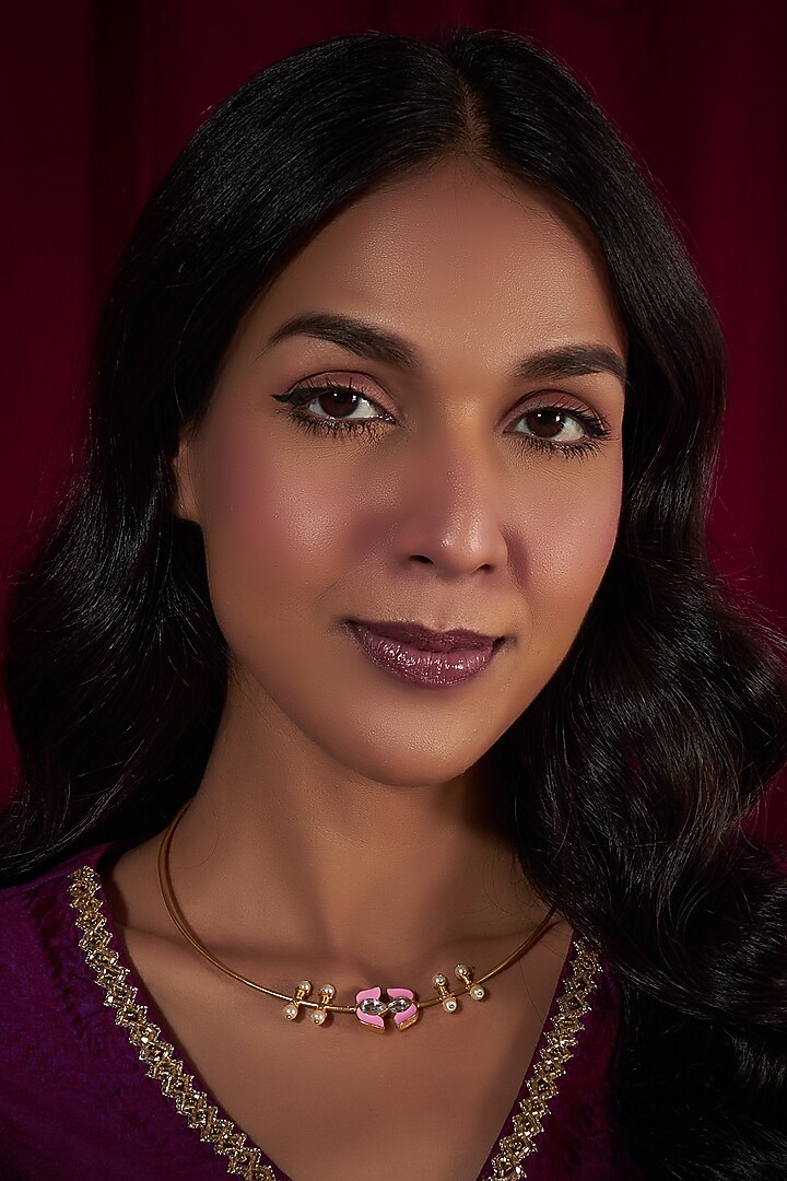 Gold Plated Pink Synthetic Stone Hasli Necklace by Just Shraddha at Pernia's Pop Up Shop