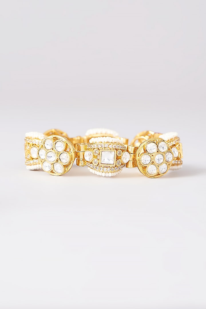 Gold Plated Kundan Polki & Pearl Bracelet by Just Shraddha at Pernia's Pop Up Shop