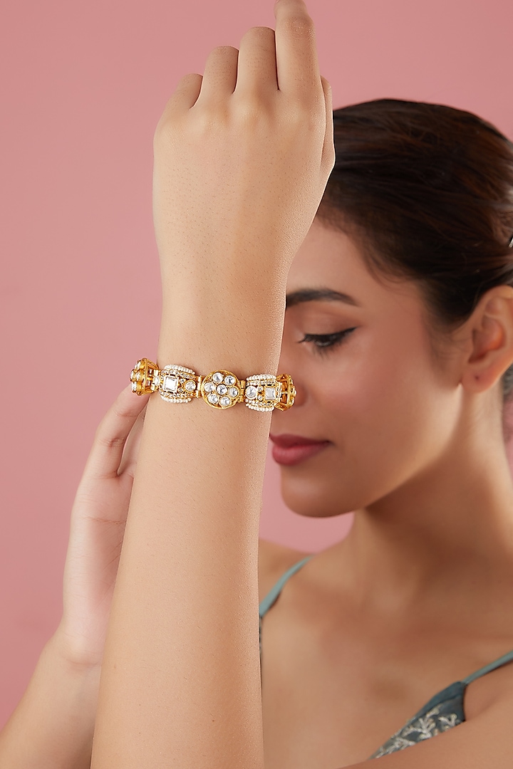Gold Plated Kundan Polki & Pearl Bracelet by Just Shraddha at Pernia's Pop Up Shop