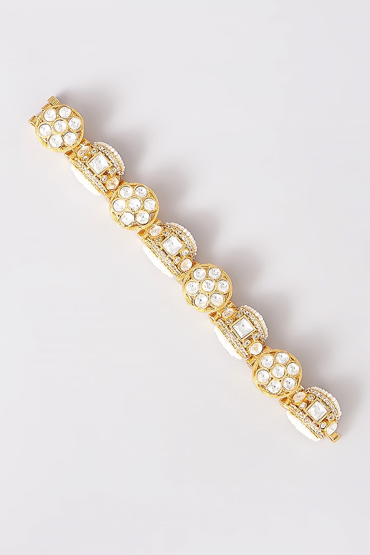Gold Plated Kundan Polki & Pearl Bracelet by Just Shraddha at Pernia's Pop Up Shop