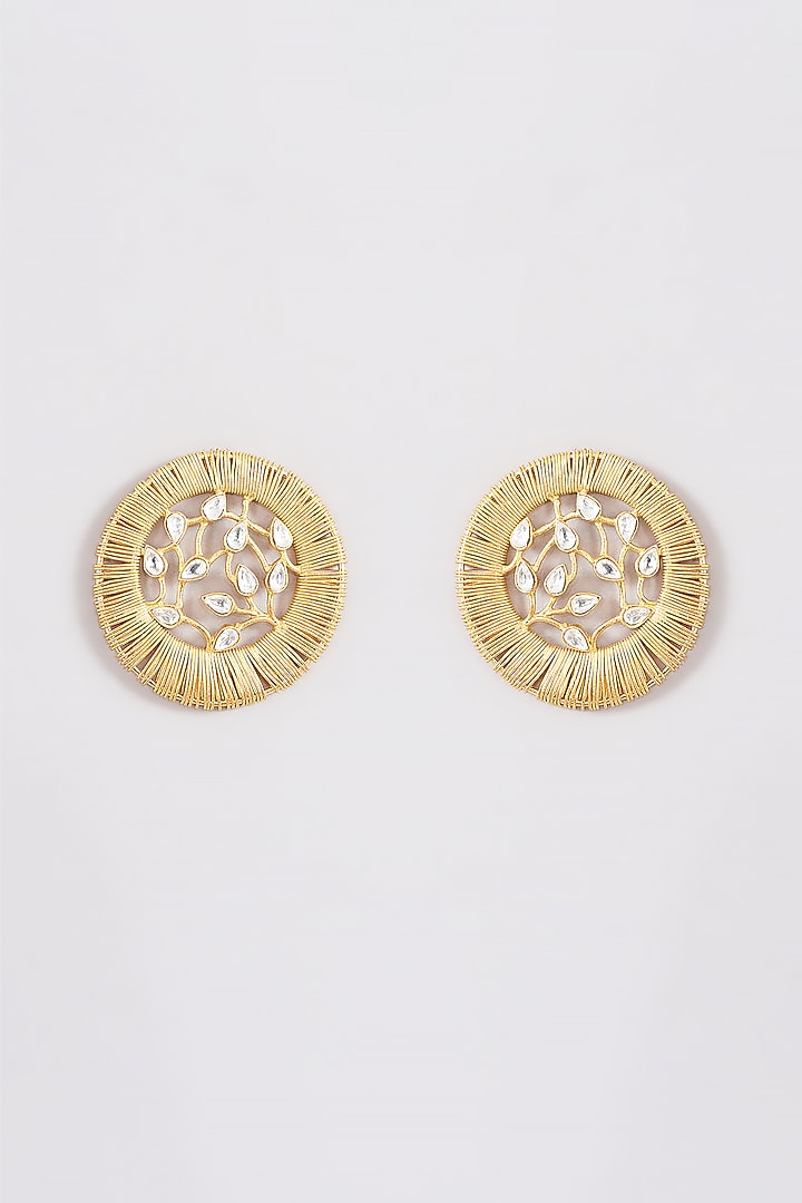 Gold Plated Kundan Polki & Mesh Work Stud Earrings by Just Shraddha at Pernia's Pop Up Shop
