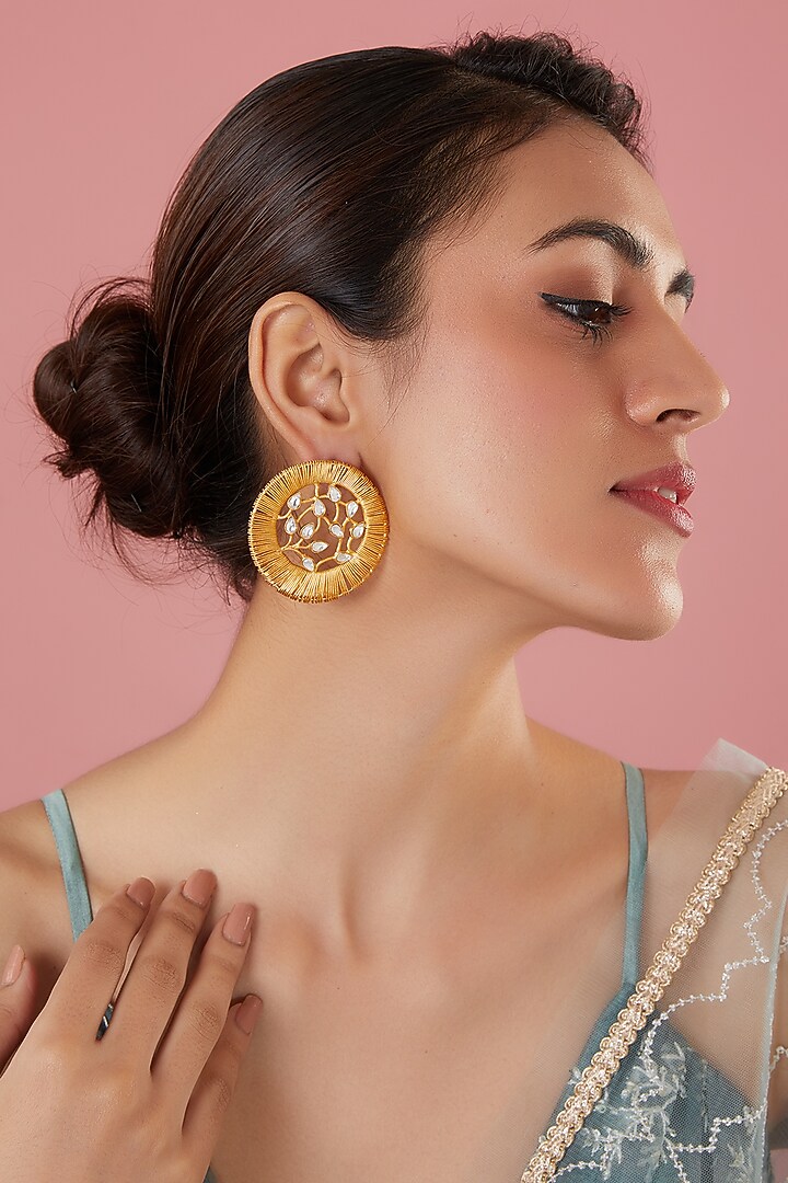 Gold Plated Kundan Polki & Mesh Work Stud Earrings by Just Shraddha at Pernia's Pop Up Shop